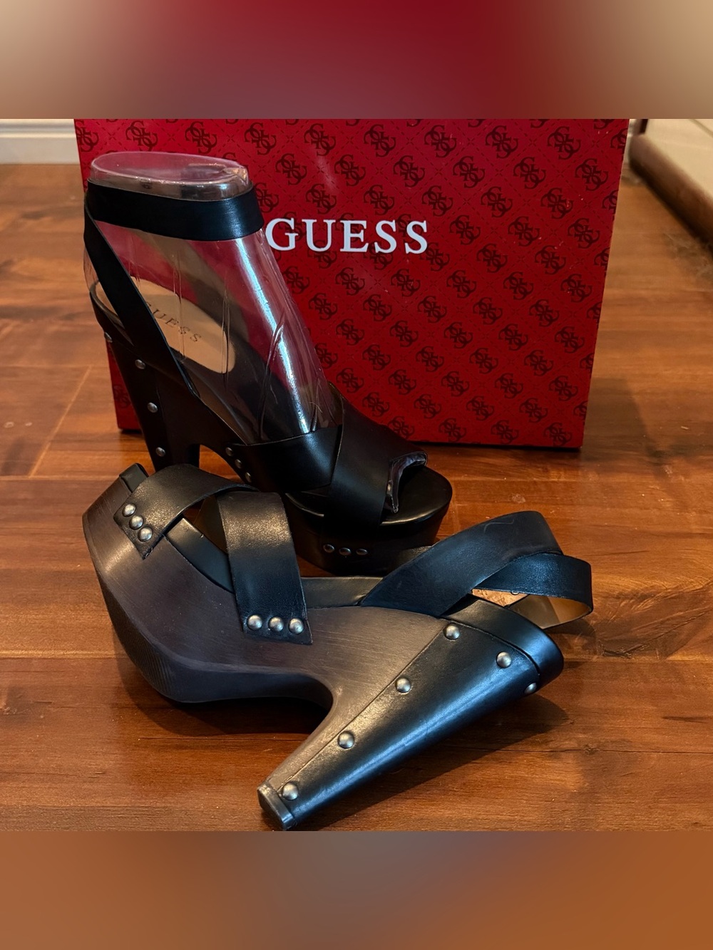 GUESS Black Studded Leather Platform Sandals